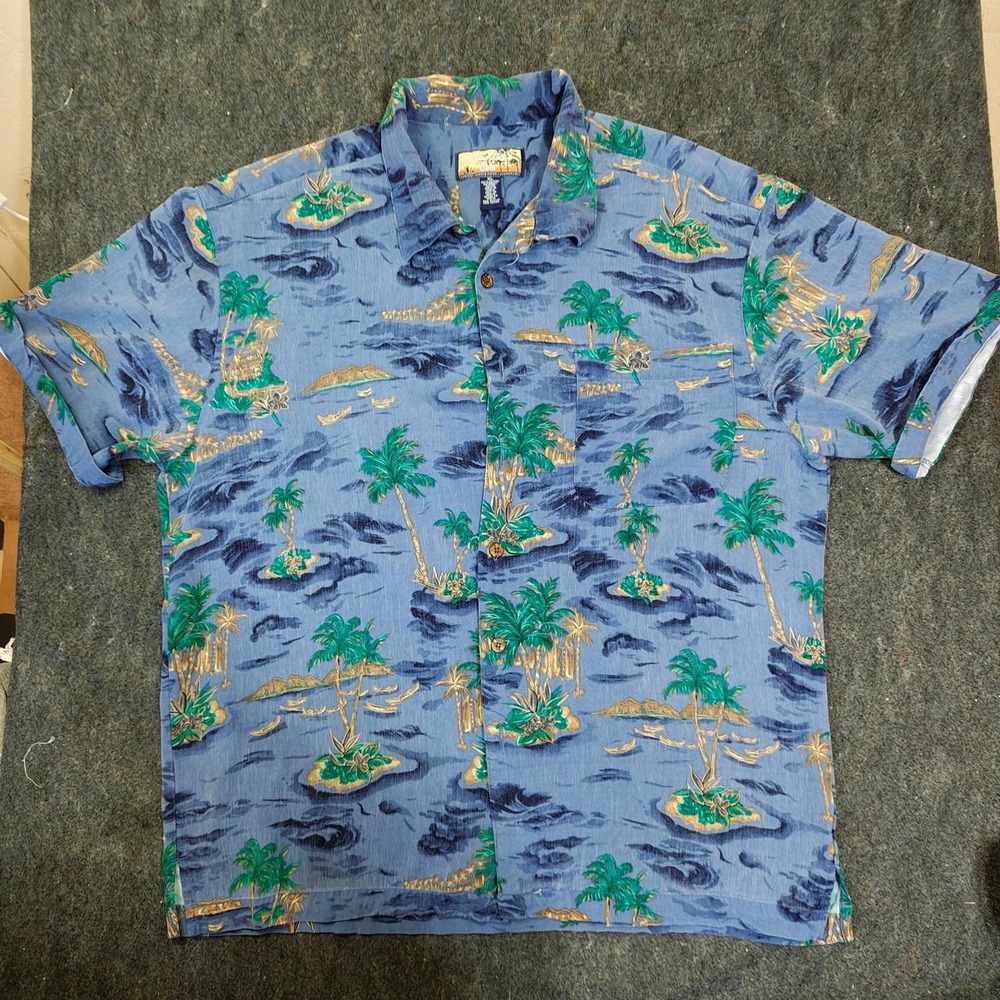 VGT Havana Jacks Cafe Mens XL Blue Tropical Palm Tree Island Rayon Aloha Shirt